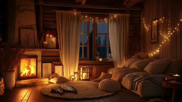 A cozy living room with warm light and calm evening atmosphere